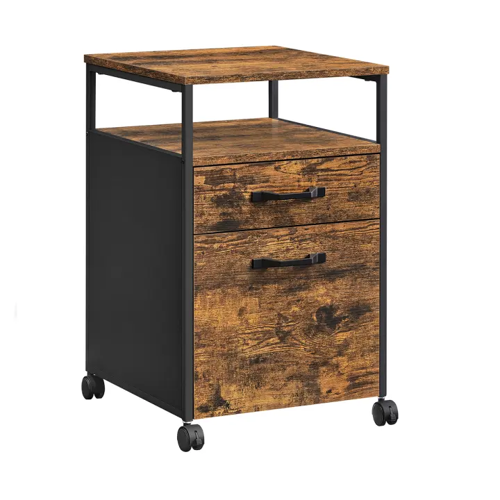 VASAGLE OFC71X - Caja de Escritorio con 2 cajones, Almacenamiento de Documentos con Ruedas, móvil, Compartimento Abierto, Marco de Acero, Estilo Industrial, Marrón Rústico y Negro/Greige y Negro - 1