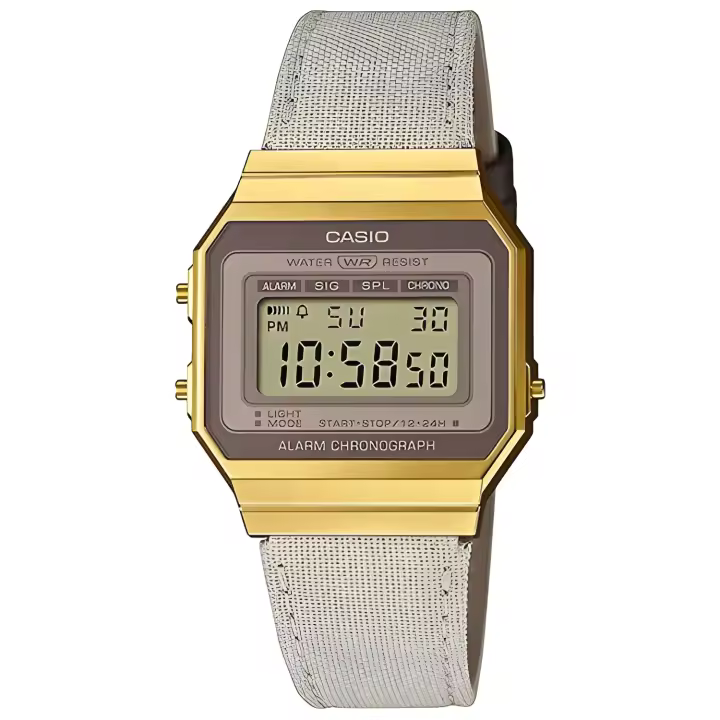 Reloj Digital Casio Vintage con Correa de Tela y Piel, Luz Led y Alarma - Iconic Diseño Rectangular Resistente Al Agua - 1