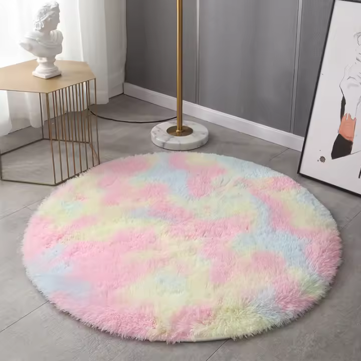 Alfombra Redonda De Peluche Sintético De Alta Calidad Para Niños Habitación Suave Y Cálida Alfombra De Cojín Fluffy Tie-Dye Antideslizante Y Resistente Al Desvanecimiento Para Interior - 1