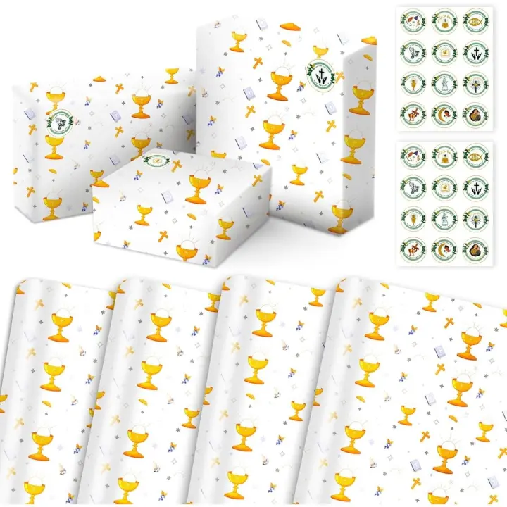 Juego de 4 Hojas de papel de Rego para Comunión, bautizo, Con 24 pegatinas Redonda, para manualidades, Primera Comunión, Gift, Nacimiento, confirmación, Boda, juegos, Hojas de papel de GIFT - 1