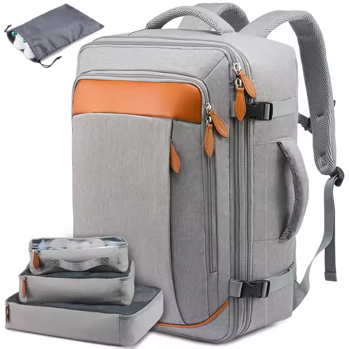Mochila de viaje de 40 l, tamaño de cabina para mujeres y hombres, mochila impermeable con capacidad para portátiles de 17 pulgadas, mochila grande aprobada para vuelos para caminatas nocturnas de fin de semana en aviones, gris - 1