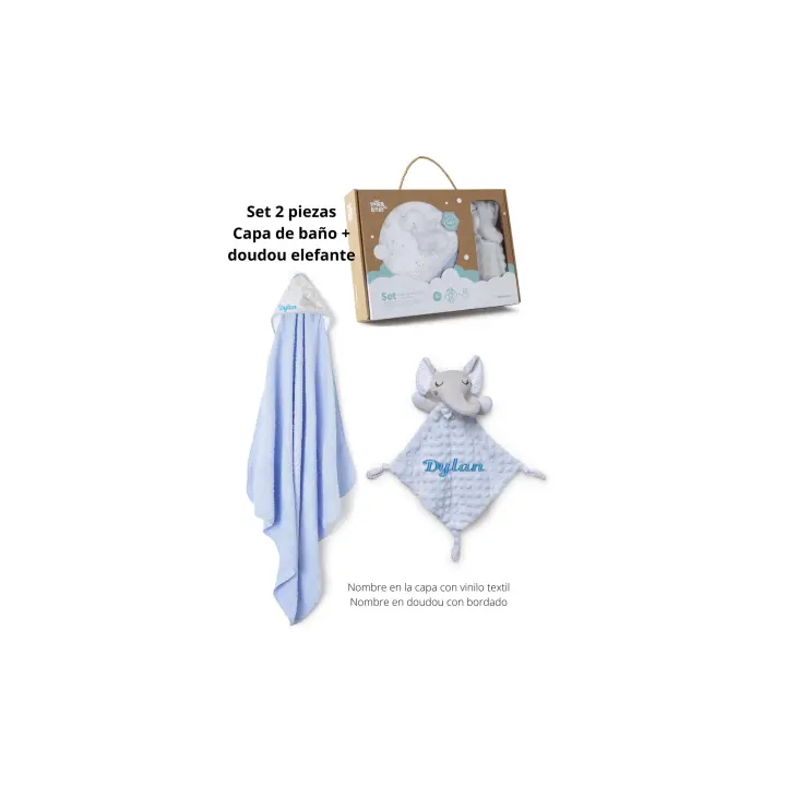 Interbaby Pack Cajita Capa de Baño + Doudou Elefante con el Nombre del Bebé Regalo Recién Nacido Bordado y Vinilo Color Azul - 1
