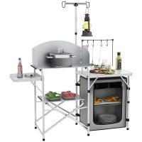 Outsunny Mueble de Cocina para Camping Armario para Camping Plegable con Mesas Estantes Poste de Luz Elevable y Bolsa de Transporte para Acampada Picnic 144x48x119 cm Plata y Gris Claro - details 0
