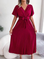 Vestido Maxi Elegante De Cintura Alta Con Volantes Y Mangas De Mariposa Para Mujer Vestido De Fiesta Casual De Polyester - details 0