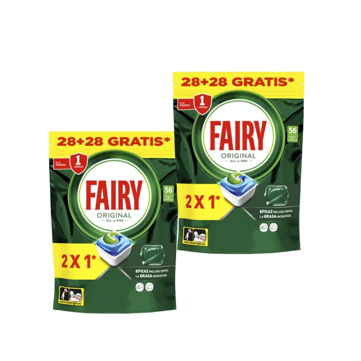 Fairy Original Todo En Uno - Pack de 2 Bolsas de 56 Cápsulas para Lavavajillas (112 Cápsulas) - Elimina Grasa y Resequedad, Detergente con Aroma Limpio y Fresco - 1