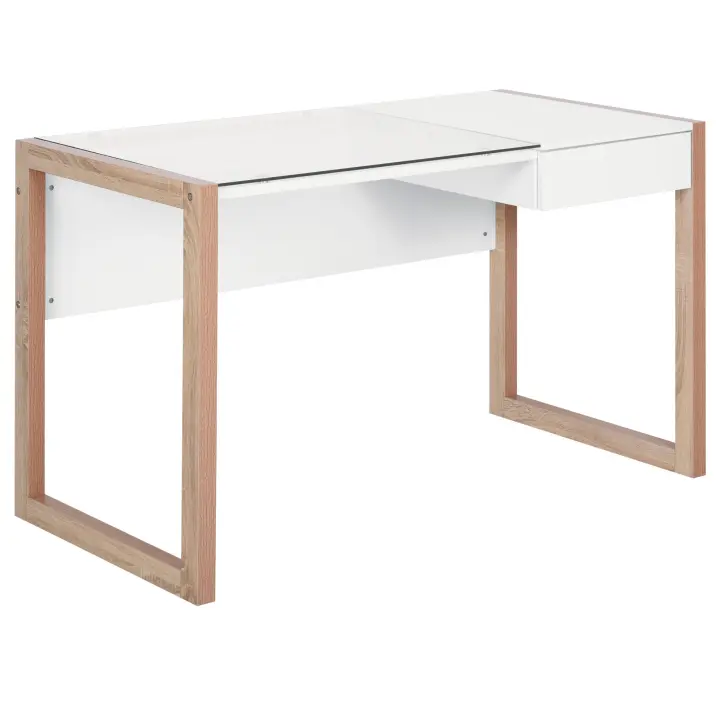 HOMCOM Mesa de Ordenador Mesa de Escritorio Diseño Moderno con Tablero de Vidrio Templado Cajón Combinación de Estilos para Oficina Estudio 120x60x75 cm Blanco - 1