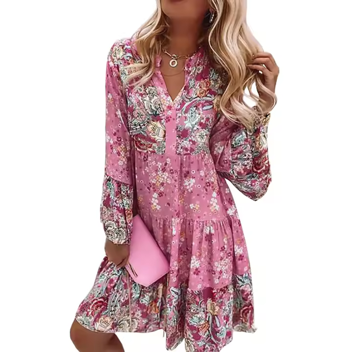 Vestido Casual Para Mujer De Verano Con Cuello En V Y Manga Larga Vestido De Traje De Oficina De Cintura Alta Hasta La Rodilla - 1