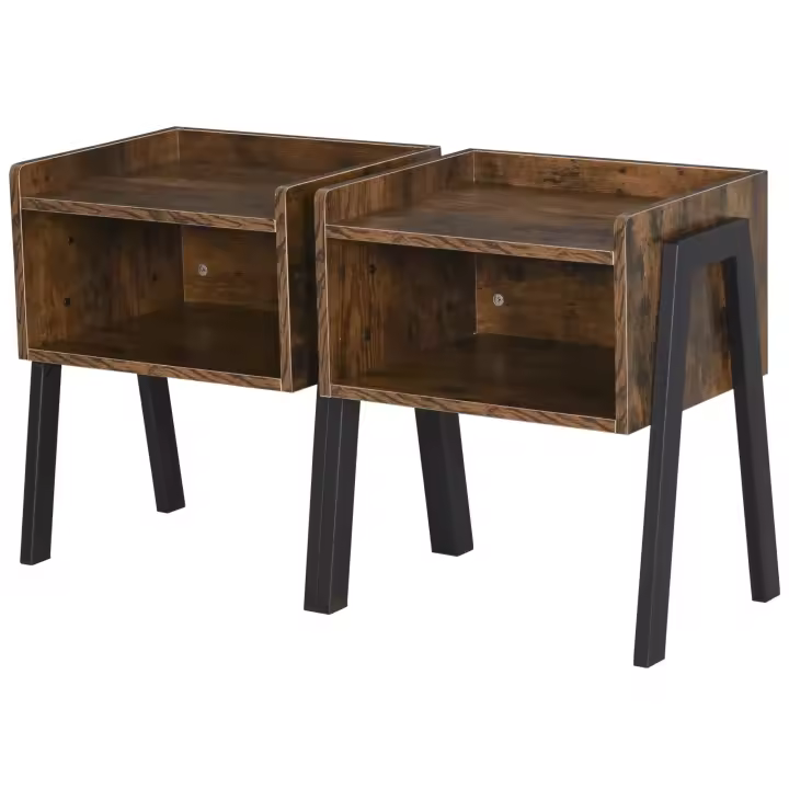 HOMCOM Set de 2 Mesitas de Noche Apilables Mesitas de Noche de Madera Mesa Auxiliar Estilo Industrial 46 x 35 x 52,5 cm Rústico Marrón y Negro - 1