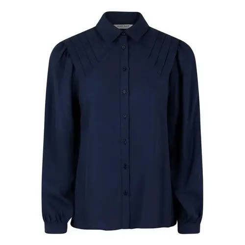 NAF NAF Camisa color azul marino con cuello abotonado en los hombros pliegues de manga larga - 1