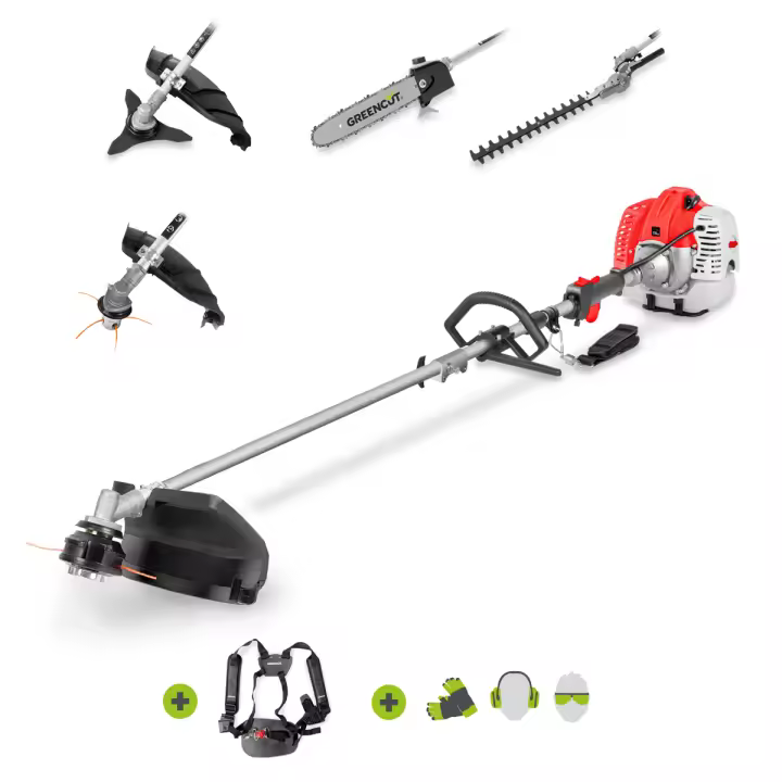 GREENCUT GM650X-5 - Desbrozadora Multifunción 5 en 1, Motor Gasolina 65cc 4,9cv 2 Tiempos, 5 Accesorios Intercambiables, Función Desbrozadora, Podadora y Cortasetos para Jardín - 1