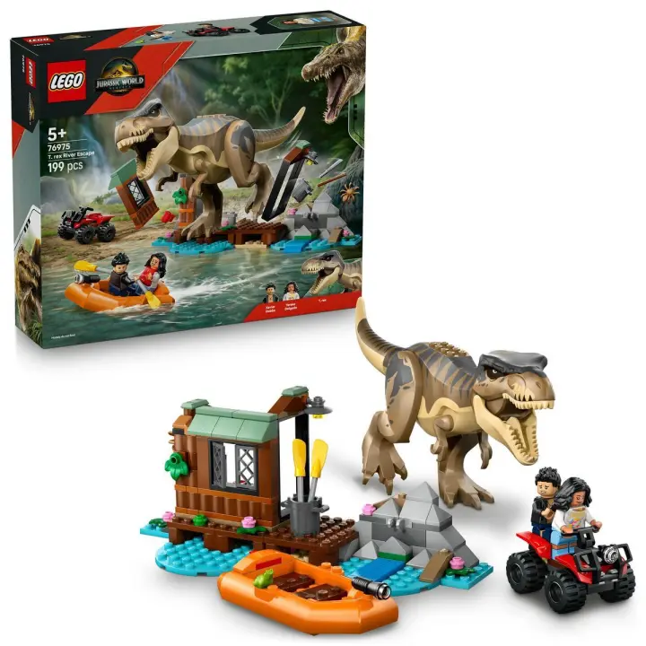 LEGO®  76975 Jurassic World Huida por el Río y T. rex a la Caza Set de Construcción, Juguete con Dinosaurios y Vehículos, Regalo de Cumpleaños Para Niños y Niñas de 5 Años o Más - 1