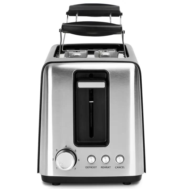 AIGOSTAR Tostadora, 3 Funciones, 2 Ranuras Extra Anchas y Rejilla Calentadora de Acero Inoxidable, 7 Ajustes, Bandeja Recogemigas Desmontable,Descongelación y Recalentar, Apagado Auto.(750W) - 1