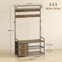 HOMCOM Perchero Zapatero 6 en 1, Perchero Entrada Recibidor con Banco, Zapatero Doble, 10 Ganchos Ajustables, 2 Cajones, Barra Colgante, Estilo Industrial, para Pasillo, 100x40x180 cm, Marrón Rústico - details 3
