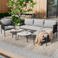 Juego de muebles de Jardín, sofá de Esquina + asiento individual + 2 mesas de café, tubo de Maple galvanizado, tablero de Vidrio lacado de Mármol, Artesanía de Cuerda trenzada, adecuado para Uso al aire libre de la Casa, Gris - details 0