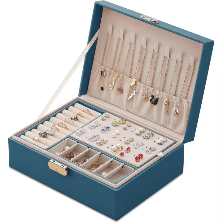 Joyero de Mujer de Cuero con Cerradura de Viaje - Organizador de Joyas 2 Capas - 1