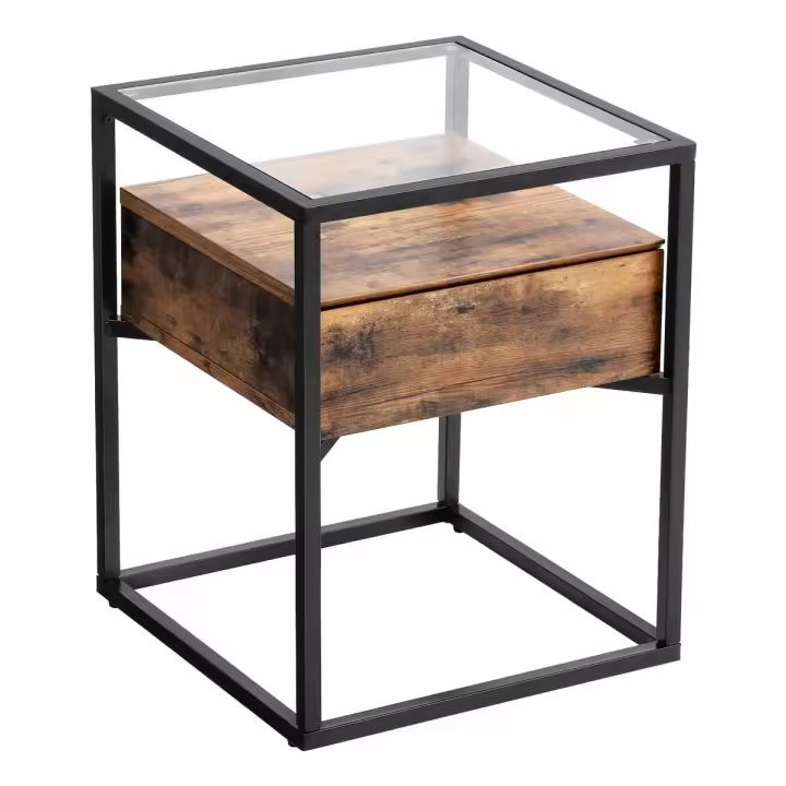 Mesa auxiliar con cristal templado, cajón y repisa, rústica, mesita de noche, marco de hierro estable, decoración para salón y habitación - 1