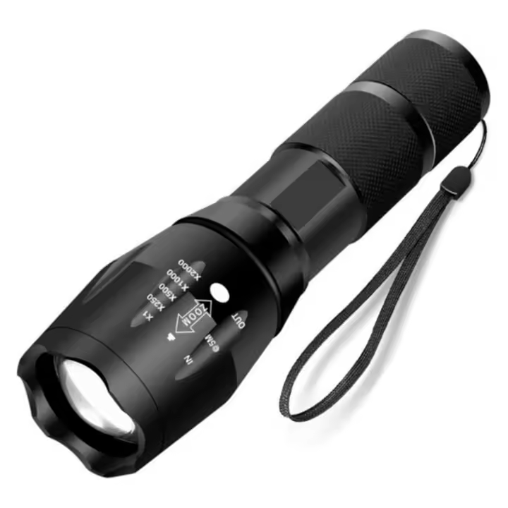 Linterna de Mano Táctica con Zoom LED T6 XML DE 1200LM | Cargador y Pila Recargable 18650 incluidos | Zoom Ajustable y 5 Modos de Luz: alto, medio, bajo, estroboscópico, SOS | Mini Linterna impermeable IP65 | Aleación de aluminio | RevolutionLine - 1