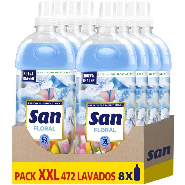SAN Suavizante Ropa Lavadora Líquido Concentrado Floral, Pack de 8 x 59 Lavados = 472 Dosis, Fragancia Duradera, Apto para Pieles Sensibles y Prendas Delicadas, Intenso Frescor y Extraordinaria Suavidad