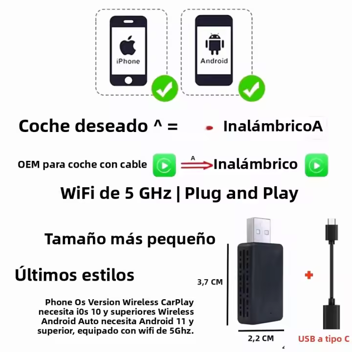 Adaptador Mini Plug Y Play Para Coche Compatible Con 99% De Los Coches Conexión Rápida Carplay Y Android Auto AI Box 2 En 1 Sin Cables - 1