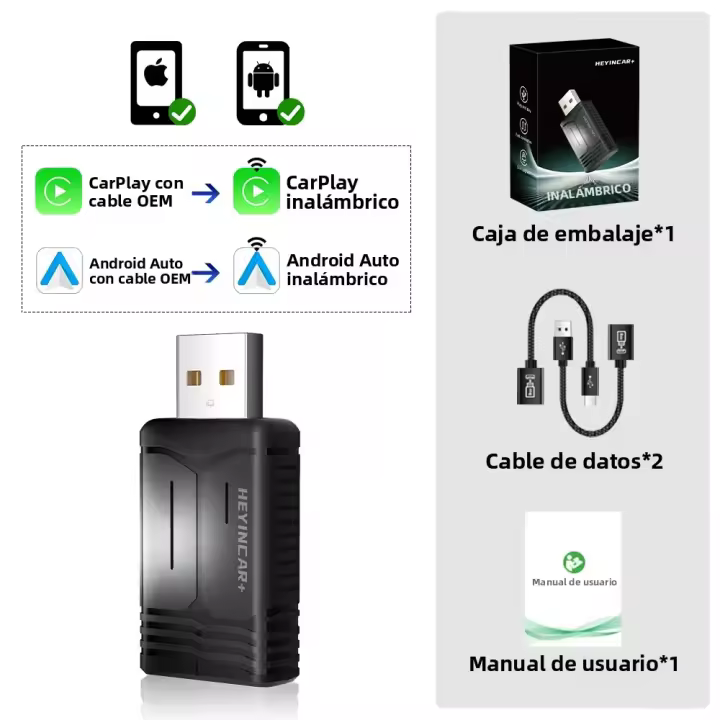 Adaptador Inalámbrico 2en1 HEYINCAR Para Android Auto Y CarPlay 2.4G & 5.8Ghz WiFi BT Conexión Automática BT Para Coches Con Cable - 1