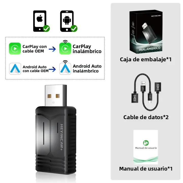 Adaptador Inalámbrico 2en1 HEYINCAR Para Android Auto Y CarPlay 2.4G & 5.8Ghz WiFi BT Conexión Automática BT Para Coches Con Cable - 1