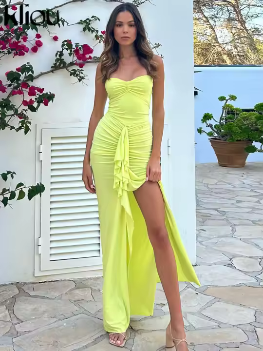 Vestido Maxi Sin Mangas Para Mujer Kliou Estilo Bandage Con Aros Y Rotura Lateral Silueta Corporal Corto De Calle Polyester Spandex - 1
