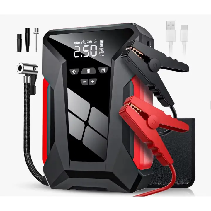 Arrancador de badery de coche multionales, Bomba de aire de 28000mAh, Potencia DE EMERGENCIA Railway, inflador de neumáticos de 150PSI, Banco de Energía with Bolsa - 1