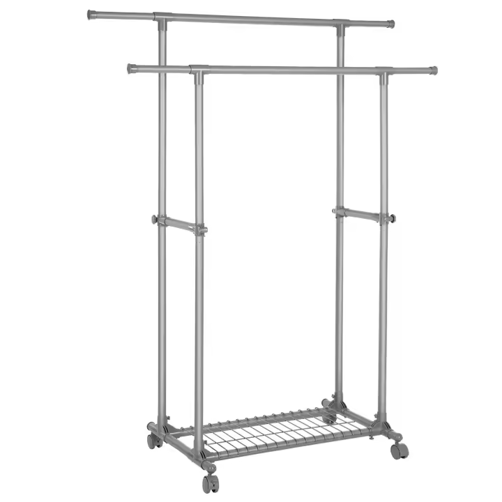SONGMICS - Perchero doble barra para ropa, móvil, extensible entre 87 y 150 cm, con ruedas y estante de almacenamiento, capacidad de carga 70 kg, para abrigos, bufandas, gris - 1