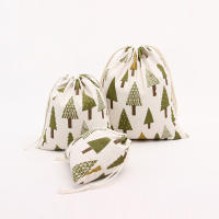 Bolsa De Regalo Hecha a Mano Con Diseño De Árbol De Navidad Y Girasoles Blancos De Algodón Y Lino Original Y Fresca Con Cierre De Cordón - details 5