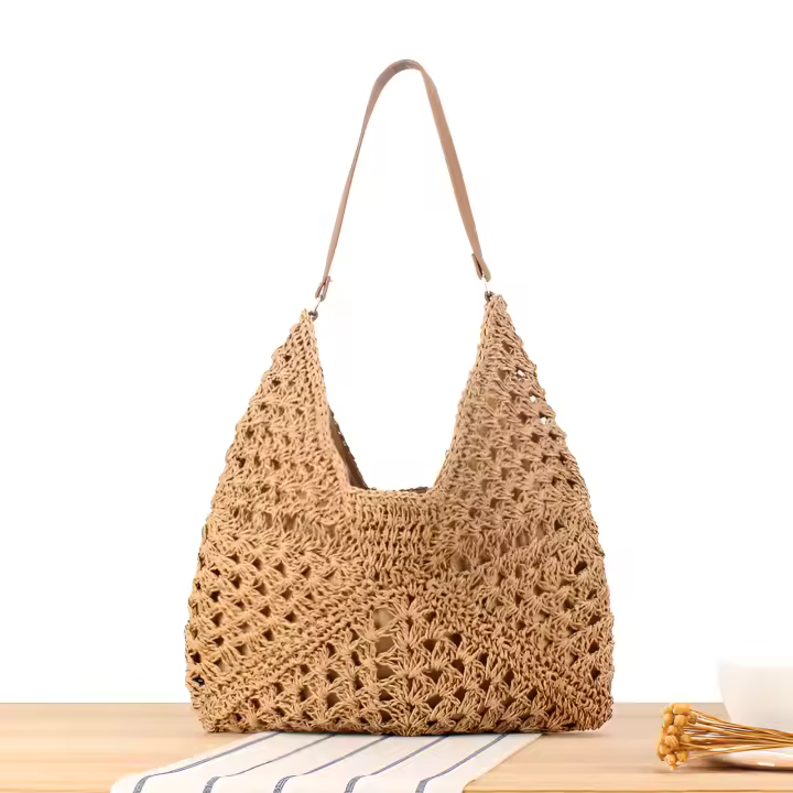ZC Bolso de hombro tejido de paja para mujer, bolso de mano de tamaño mediano con asa para vacaciones en la playa, Popular - 1