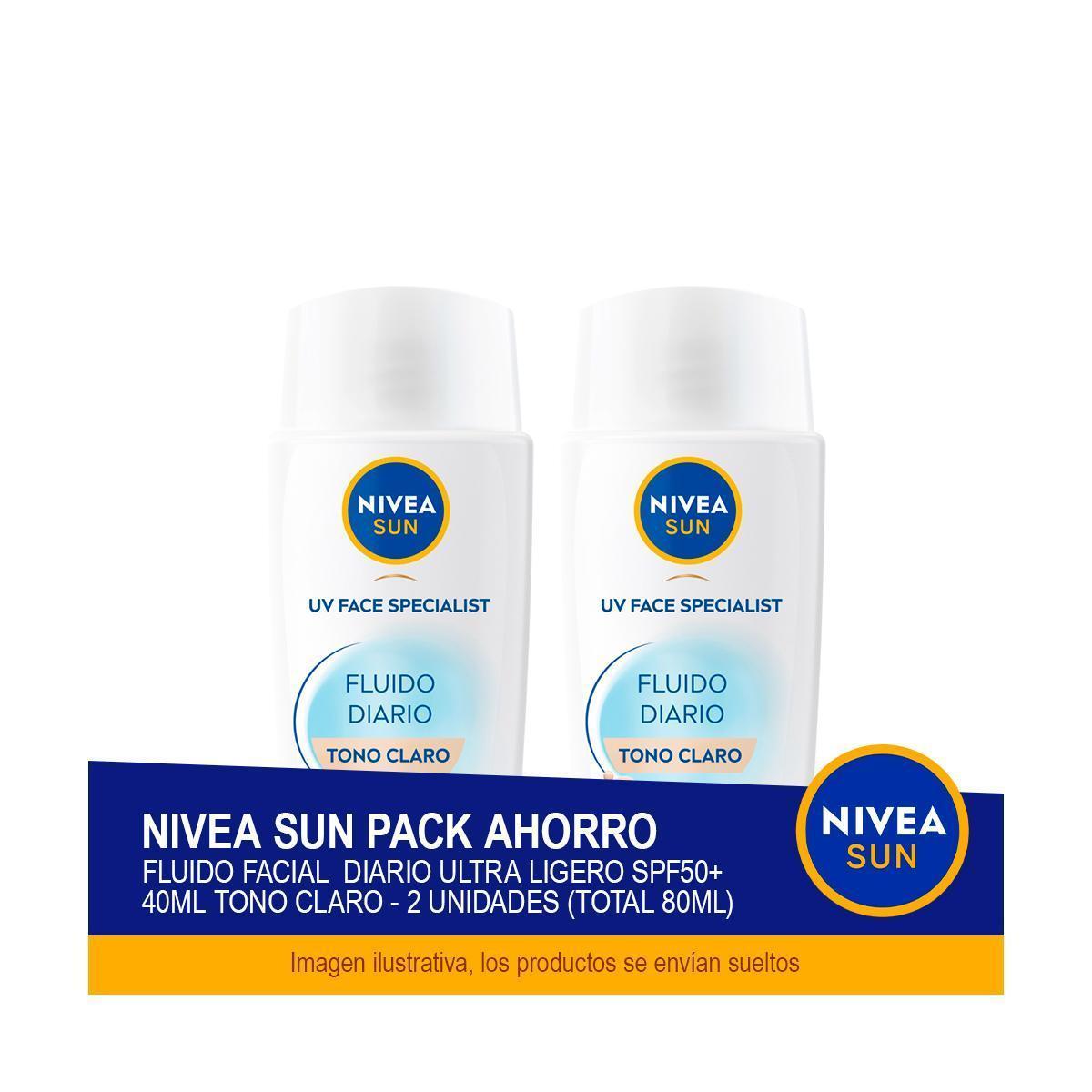 NIVEA SUN UV Pack Ahorro Facial Fluido Diario Ultra Ligero SPF50+ 40ml Tono Claro