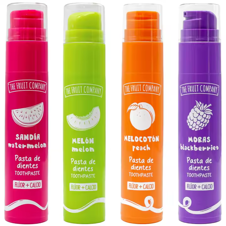 The Fruit Company Pasta Dental Flúor + Calcio Pack de 4 Unidades, sin azúcar con Sabor a Melón, Moras, Melocotón y Sandía en Fórmula Vegana - 1
