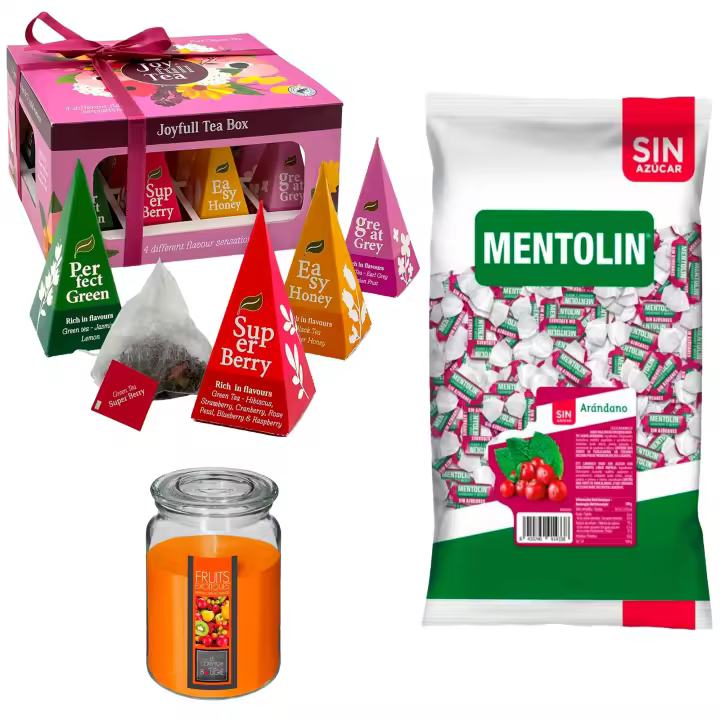 Lote respira: MENTOLIN ARANDANO S/A BOLSA 1KG + Vela Perfumada de Frutas Exóticas 510g  + WELL HOME - Caja de Té Joyfull con variedad de sabores - 1