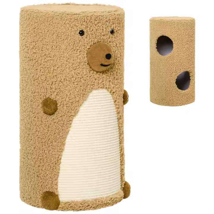 PawHut Barril rascador, altura 66 cm, torre rascadora con 2 niveles, barril para gatos con rascador, torre para gatos con 2 cuevas, rascador para gatos con diseño de oso, marrón claro - 1