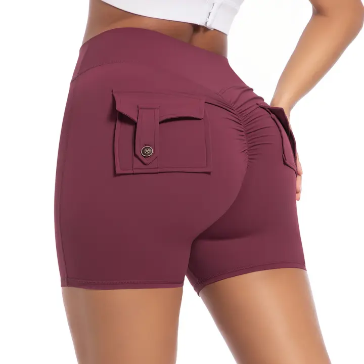 Pantalones cortos de Yoga para mujer, mallas de gimnasio con bolsillo fruncido en el trasero, medias realzadoras de cintura alta, pantalones cortos deportivos sexis con fruncido en el trasero para ciclismo - 1