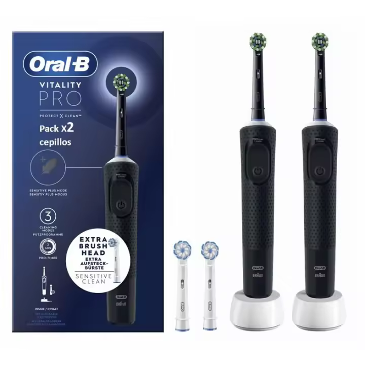 Oral-B Pack x2 Cepillos eléctricos Vitality Pro color Negro. Incluye: 2x cepillos, 2x Cargadores, 4x Recambios - 1