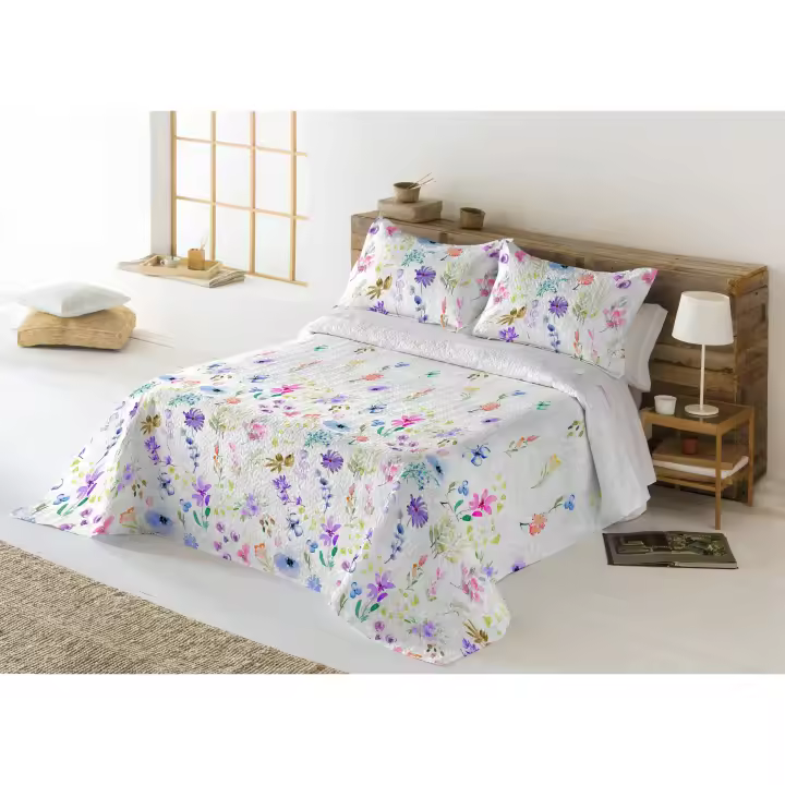 Colcha Bouti Cama 135 y 150 cm Reversible con Fundas de Cojín. Fina y Ligera, Floral, Colores, Primaver y Verano. Blanca o Estampada. Dormitorio. YPRES - 1