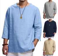 Camisa Casual De Playa Para Hombre Verano Algodón Y Lino Manga Larga V-Neck Estilo Libre Moda Primavera Otoño - details 7