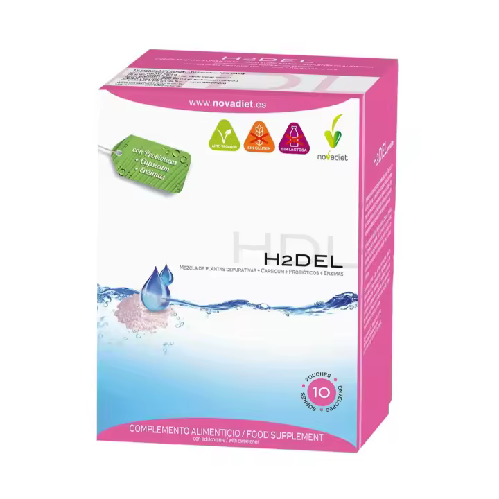 Novadiet H2DEL 10 Sobres con Mezcla extractos de Plantas (Cola de Caballo, Hibisco, etc), Capsicum y Probióticos - 1