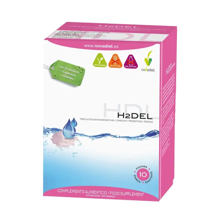 Novadiet H2DEL 10 Sobres con Mezcla extractos de Plantas (Cola de Caballo, Hibisco, etc), Capsicum y Probióticos - 1