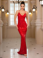 Vestido De Noche Sin Mangas Y Espalda Descubierta Dorado Rojo Slim V Neck Mermaid Prom Traje De Baño De Encaje Para Mujer - details 5