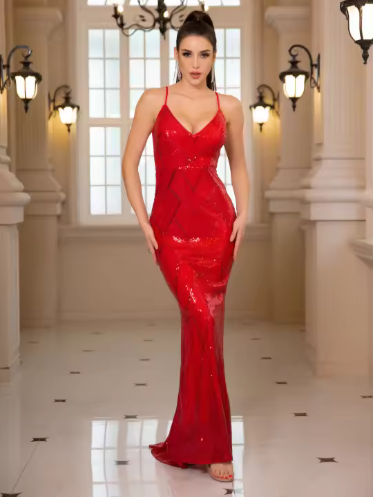 Vestido De Noche Sin Mangas Y Espalda Descubierta Dorado Rojo Slim V Neck Mermaid Prom Traje De Baño De Encaje Para Mujer - 1