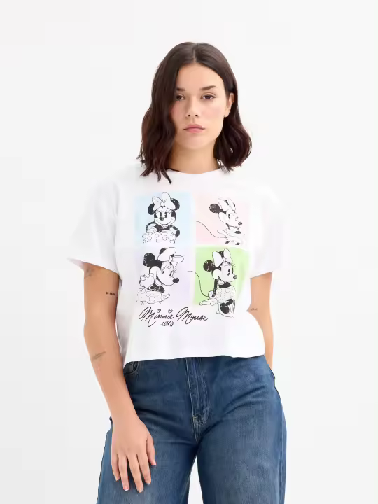 Camiseta corta de algodón con estampado de Minnie Mouse, cuello redondo y manga corta INSIDE - 1