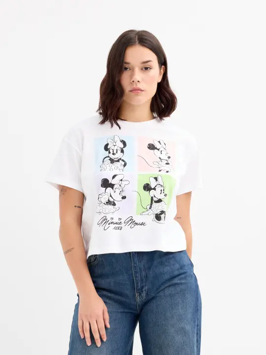 Camiseta corta de algodón con estampado de Minnie Mouse, cuello redondo y manga corta INSIDE - 1