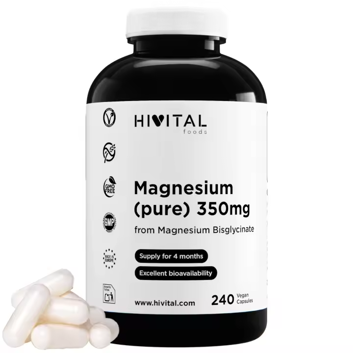 Magnesio puro 350 mg procedente de Bisglicinato de Magnesio. 240 cápsulas veganas para 4 meses de tratamiento. Fabricado en España por HIVITAL - 1