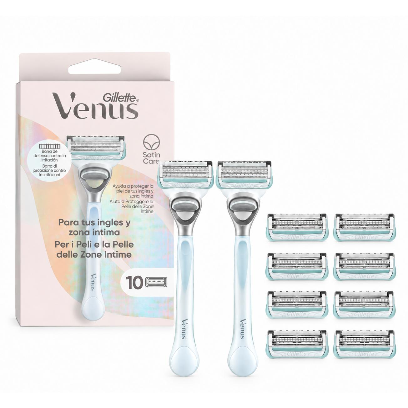 Gillette Venus Pack de 2 maquinilla de afeitar íntima para mujer con 10 cuchillas de repuesto, afeitadora íntima para mujer que ayuda a proteger la piel de la irritación