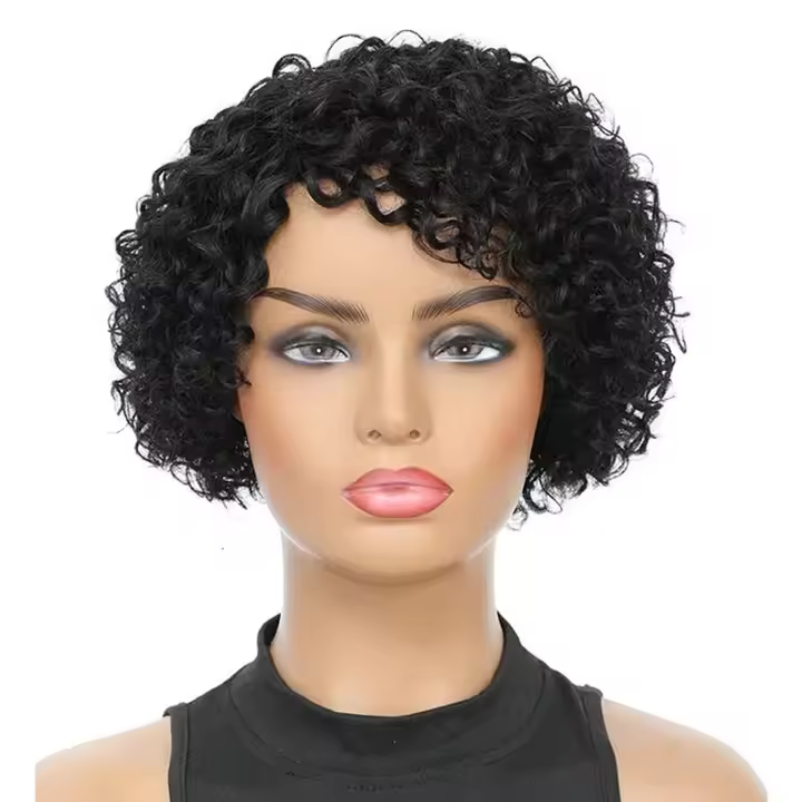 Pelucas De Cabello Humano Rizado Kinky Curly De Corte Pixie Corto Con Parte Lateral Color Natural Para Mujeres Peluca Maquinada De Tamaño Promedio - 1