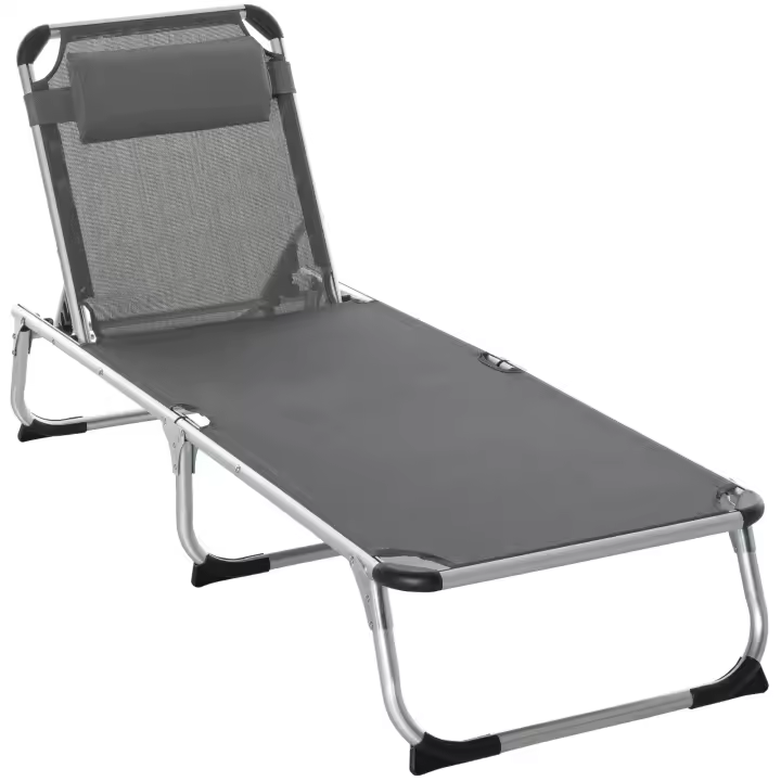 Outsunny Tumbona Plegable de Aluminio con Ajustable en 4 Posiciones Reposacabezas Extraíble y Respaldo Transpirable para Jardín Terraza Camping Exterior 170x60x76 cm Gris - 1