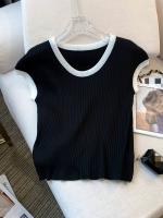 Nueva Chaleco De Cuello Redondo Para Mujer Verano 2024 Estilo Casual Manga Corta Tejido Delgado Ajustado Spliced Polyester - details 1