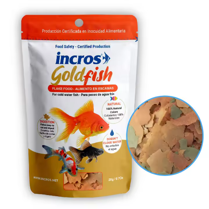Comida Para Peces Goldfish - Colorantes Naturales No Ensucia el Agua, Alimento en Escamas Peces de Agua Fría, Alta Digestibilidad y Agua Cristalina – Fórmula Completa con Vitaminas y Minerales.  - Incros GoldFish 20 gr - 100 ml - 1
